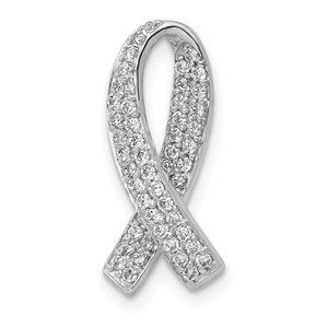 14k White Gold Cancer Awareness Ribbon with Natural Diamond Chain Slide Pendant